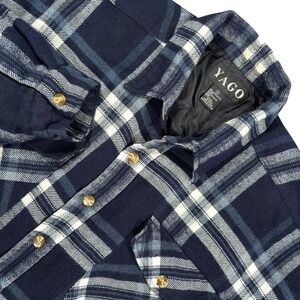 YAGO Quilted Flannel Shirt Jacket Shacket Mens L Navy Blue White Plaid Lined Y2K